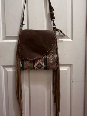 Myra Bag Brown Leather Flap Crossbody with Fringe and Aztec Weave
